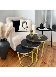 LHFHOMT LHFHOMT Nesting Tables Set of 3 Pieces, Round Coffee table, Ceramics Glass Top, Strong Gold Metal Frame for Living Room,Sofa Side  - Image 1