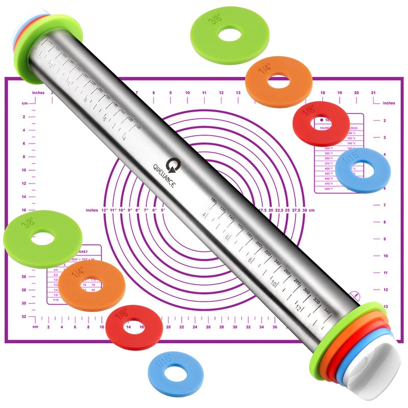 Rolling Pin and Pastry Baking Mat Set Rolling Pins with Adjustable Thickness Rings Stainless Steel Dough Roller for Baking Fondant Pizza Pie Pastry Pasta Cookies Purple