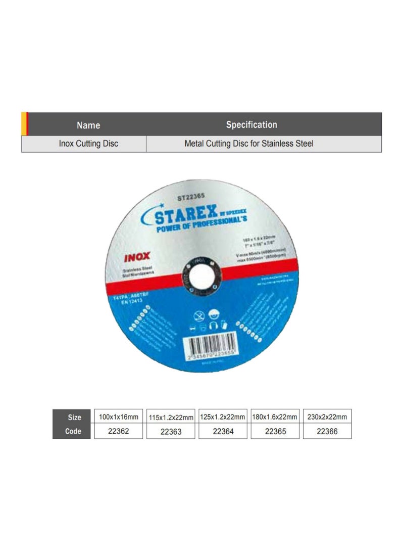 Starex Inox Cutting Disc 180x1.6x22mm ST22365