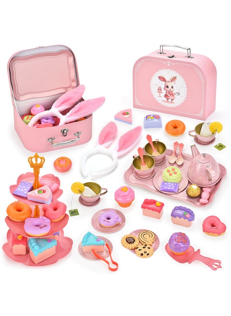 Tinplate Rabbit Tea Set Afternoon Tea Portable Gift Box With Dessert Suitable For Little Girls, Safe And Durable Children'S Tea Party Kitchen Tableware Set Toys Suitable For Children Over 3 Years Old - Image 1