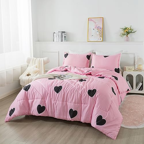 Caressma Love Pattern Girls Pink Comforter Set Full Size Blush Pink Cute Love Heart Sexy Comforter Bedding Set for All Seasons Geometric Microfiber 3 Pieces Comforter Set with Pillowcases - Image 3