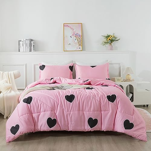Caressma Love Pattern Girls Pink Comforter Set Full Size Blush Pink Cute Love Heart Sexy Comforter Bedding Set for All Seasons Geometric Microfiber 3 Pieces Comforter Set with Pillowcases - Image 1