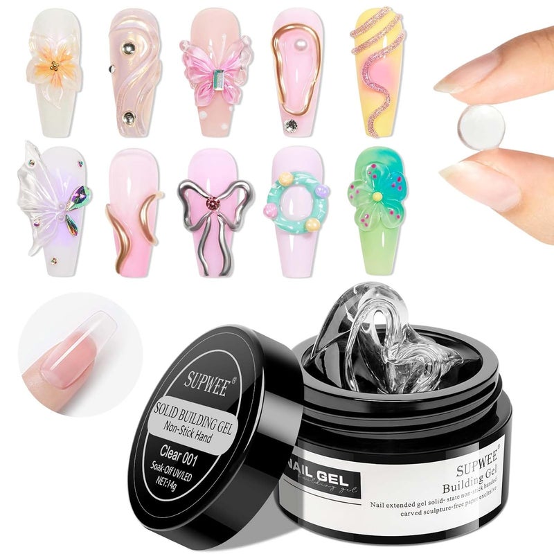 جل بناء صلب للأظافر - جل فن الأظافر ثلاثي الأبعاد شفاف غير لاصق جل يدوي صلب لنقش الأنماط تزيين فن الأظافر جل تمديد الأظافر لمانيكير DIY في المنزل 14غ (0.49 أونصة سائلة)