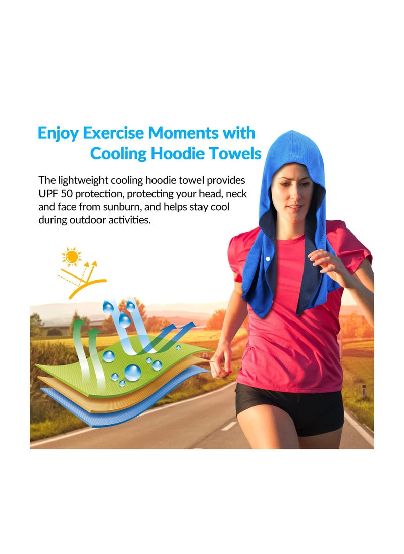 Cooling Hoodie Towels for Hot Weather - UPF 50+ Sun Protection for Head & Neck, Instant Cool Sweat Rags for Gym, Running, Beach & Theme Parks (25"x12") - 2 Pack (Black & Royal Blue)  - Image 3