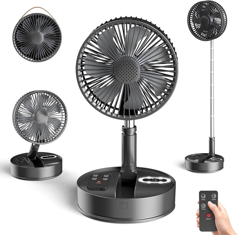 Marchpower 8" Quiet Standing Fan, 2 in 1 Portable Folding Fan with Light 4 Speed Rechargeable Battery Timer Controller for Table, Bedroom, Office Travel, Black - Image 1