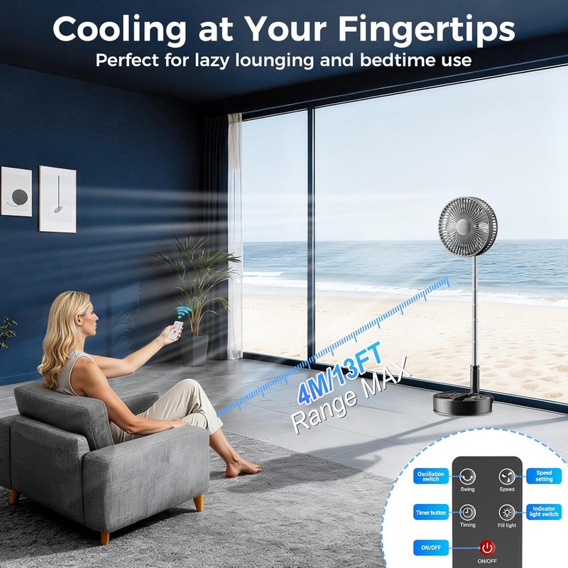 Marchpower 8" Quiet Standing Fan, 2 in 1 Portable Folding Fan with Light 4 Speed Rechargeable Battery Timer Controller for Table, Bedroom, Office Travel, Black - Image 4