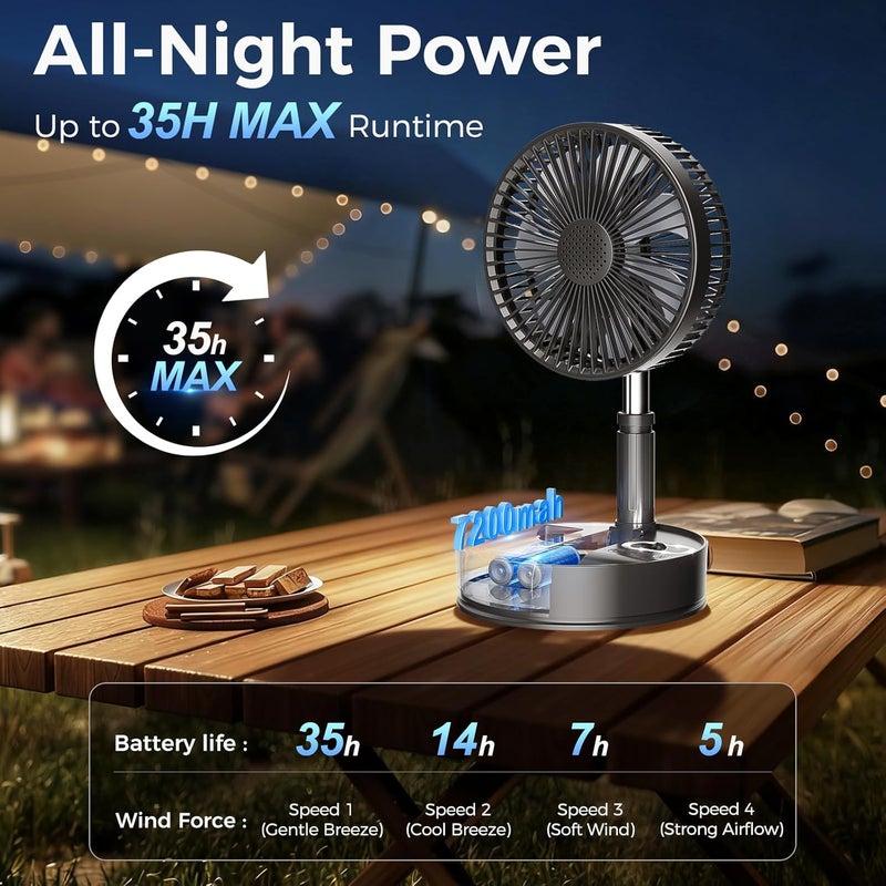 Marchpower 8" Quiet Standing Fan, 2 in 1 Portable Folding Fan with Light 4 Speed Rechargeable Battery Timer Controller for Table, Bedroom, Office Travel, Black - Image 3