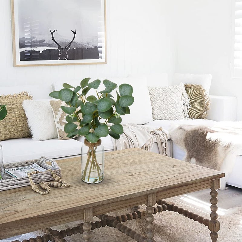 Briful 2 Packs Artificial Eucalyptus Stems in Glass Vase with Faux Water  14"" Fake Plant Eucalyptus Leaves for Home Farmhouse Wedding Centerpiece Bathroom D?cor - Image 3