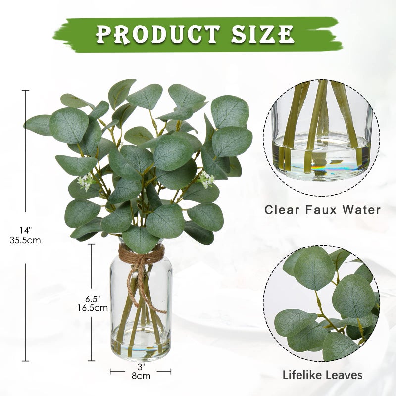Briful 2 Packs Artificial Eucalyptus Stems in Glass Vase with Faux Water  14"" Fake Plant Eucalyptus Leaves for Home Farmhouse Wedding Centerpiece Bathroom D?cor - Image 1
