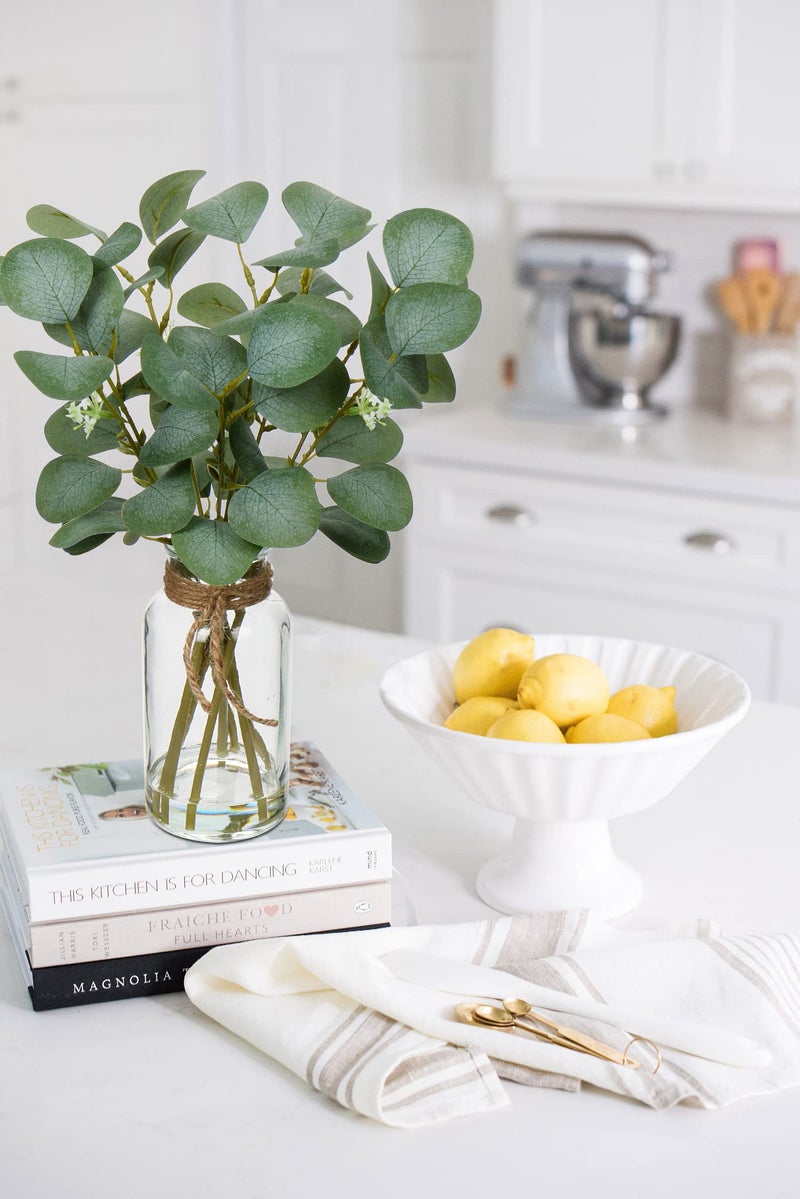 Briful 2 Packs Artificial Eucalyptus Stems in Glass Vase with Faux Water  14"" Fake Plant Eucalyptus Leaves for Home Farmhouse Wedding Centerpiece Bathroom D?cor - Image 4