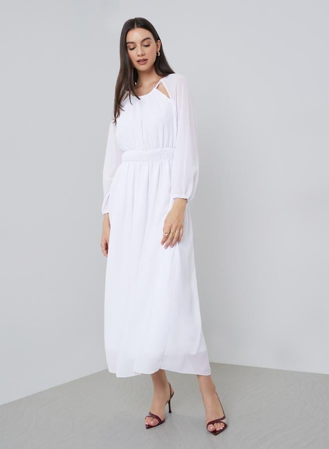 Styli White Chiffon Smocked Waist Midi Dress - Image 3