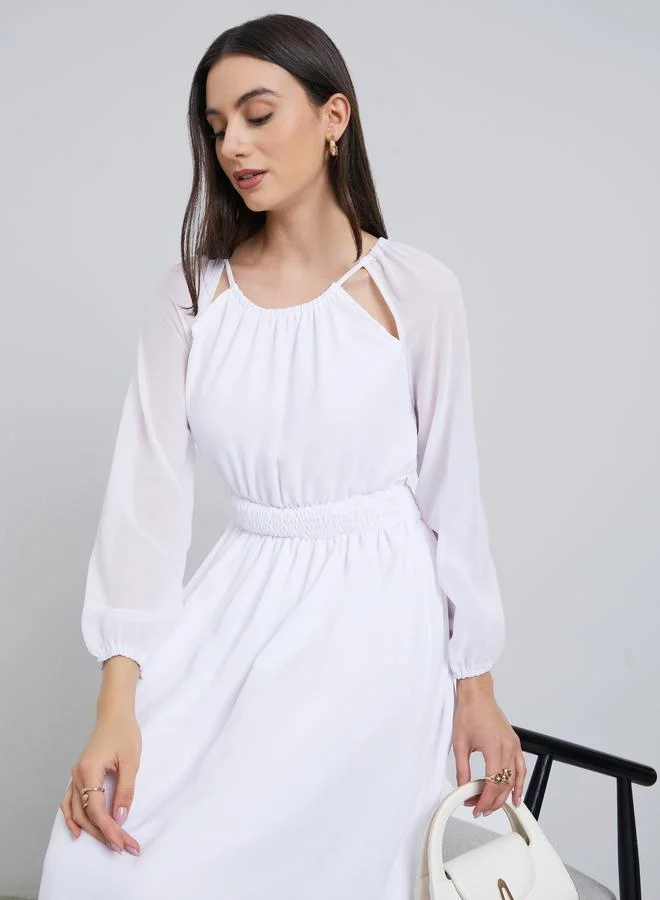 Styli Styli White Chiffon Smocked Waist Midi Dress