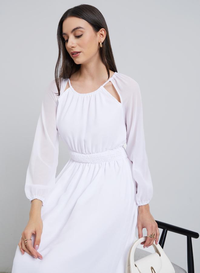 Styli White Chiffon Smocked Waist Midi Dress - Image 1