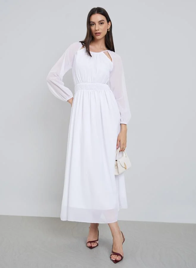 Styli Styli White Chiffon Smocked Waist Midi Dress