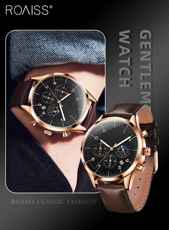 roaiss Leather Strap Chronograph Quartz Watch for Men Round Black Dial with Moon Phase and Calendar Display Waterproof Luminous Wristwatch as Gift for Men - Image 1