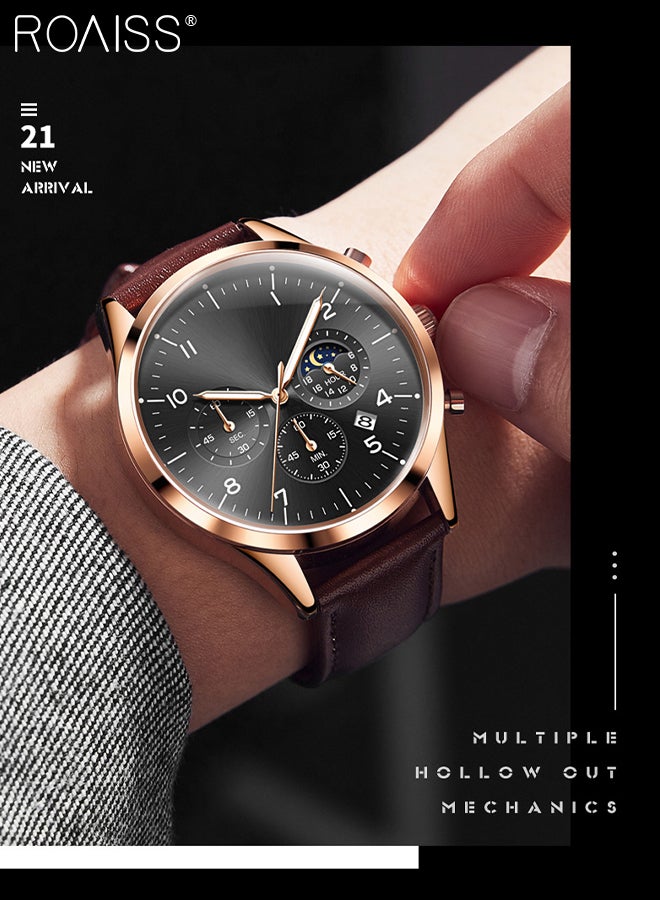 roaiss Leather Strap Chronograph Quartz Watch for Men Round Black Dial with Moon Phase and Calendar Display Waterproof Luminous Wristwatch as Gift for Men - Image 2