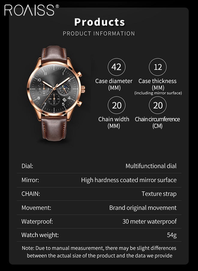 roaiss Leather Strap Chronograph Quartz Watch for Men Round Black Dial with Moon Phase and Calendar Display Waterproof Luminous Wristwatch as Gift for Men - Image 4