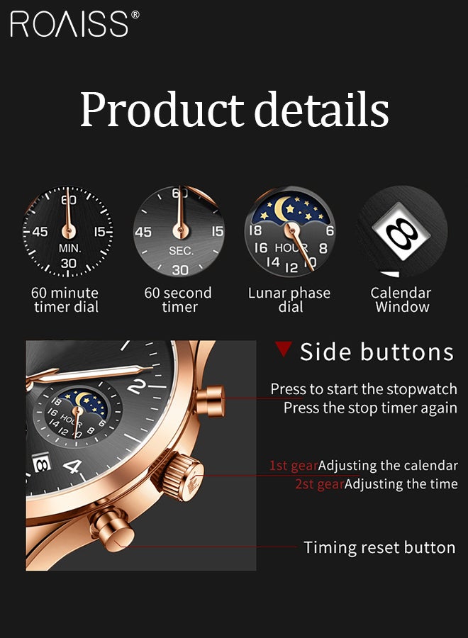 roaiss Leather Strap Chronograph Quartz Watch for Men Round Black Dial with Moon Phase and Calendar Display Waterproof Luminous Wristwatch as Gift for Men - Image 5