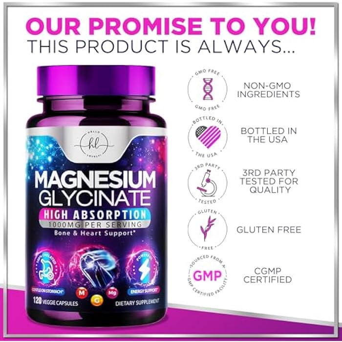 Hello Lovely! مكمل مغنيسيوم جليسينات - 100% مخلب وم purified - لدعم النوم وصحة القلب والعضلات وقوة العظام - تركيبة مغنيسيوم لطيفة وعالية الامتصاص - نباتي، معبأ في الولايات المتحدة - 120 كبسولة - Image 4