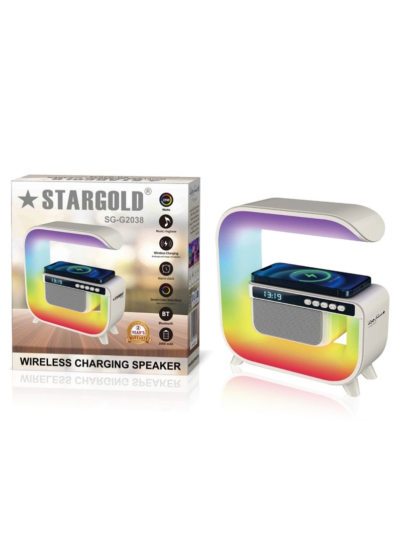 Stargold Wireless Charging Speaker, 25W Bluetooth Speaker, Alarm Clock, Wireless Charging Pad, 7-Color LED Night Light, 2000mAh Battery, Music Ringtones, Touch Control, and USB-C Fast Charging  - Image 2