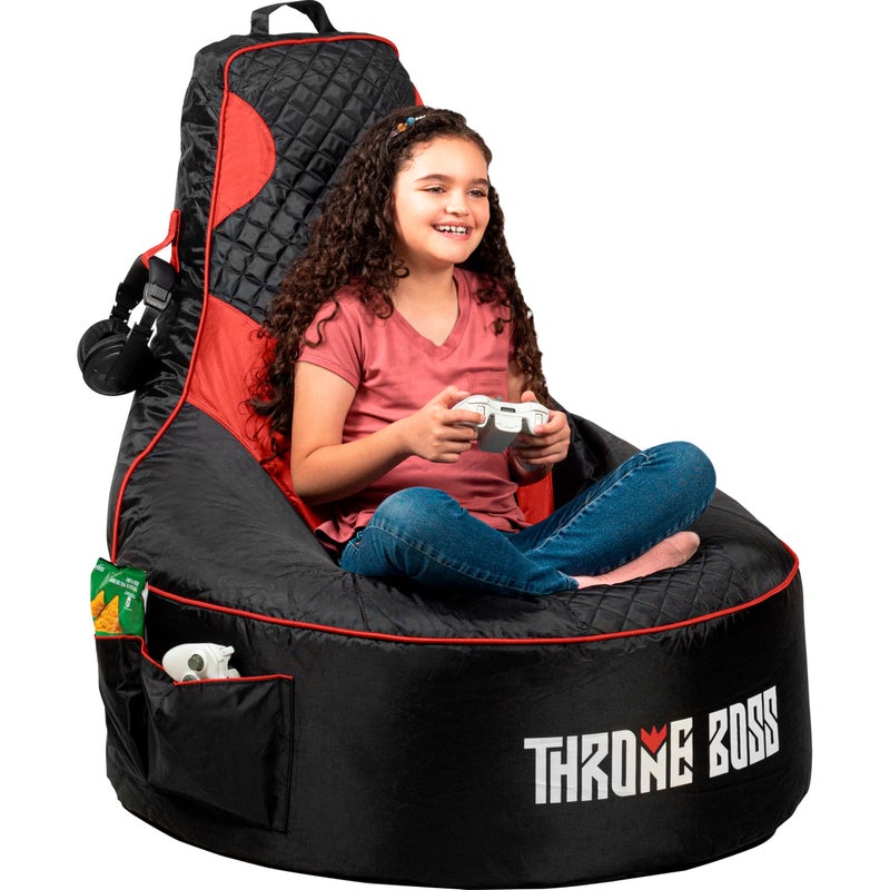 Throne Boss Gaming Bean Bag Chair Cover for Kids with High Back, Red â€“ Floor Gaming Chair Cover, Easy to Clean Fabric, Large Side Pockets, Headphone Hanger, Requires 200 Liters Polystyrene Beans - Image 1