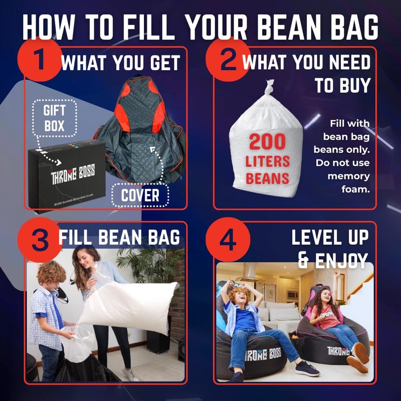 Throne Boss Gaming Bean Bag Chair Cover for Kids with High Back, Red â€“ Floor Gaming Chair Cover, Easy to Clean Fabric, Large Side Pockets, Headphone Hanger, Requires 200 Liters Polystyrene Beans - Image 5