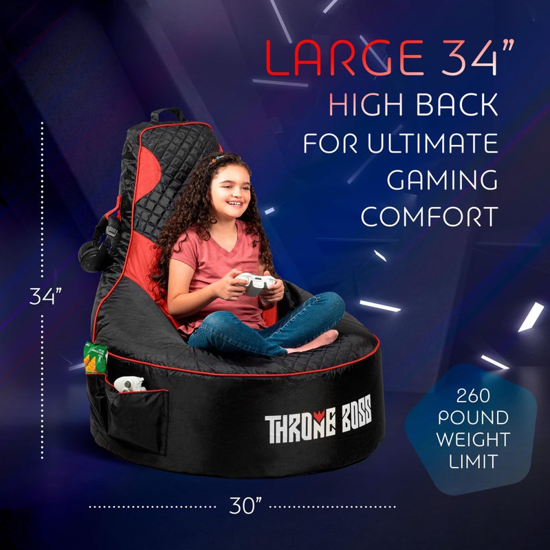 Throne Boss Gaming Bean Bag Chair Cover for Kids with High Back, Red â€“ Floor Gaming Chair Cover, Easy to Clean Fabric, Large Side Pockets, Headphone Hanger, Requires 200 Liters Polystyrene Beans - Image 3