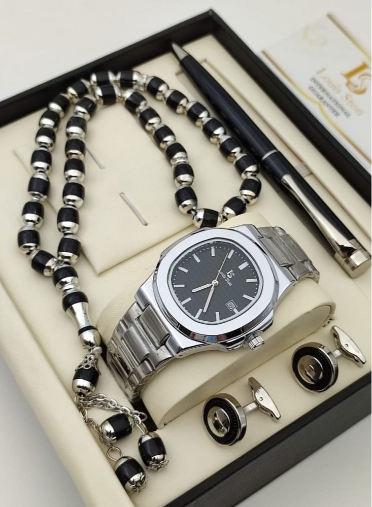 Louis Ston A gift set for a high-quality men's watch from Louis Ston, with a silver bracelet and a Black dial with the date display 