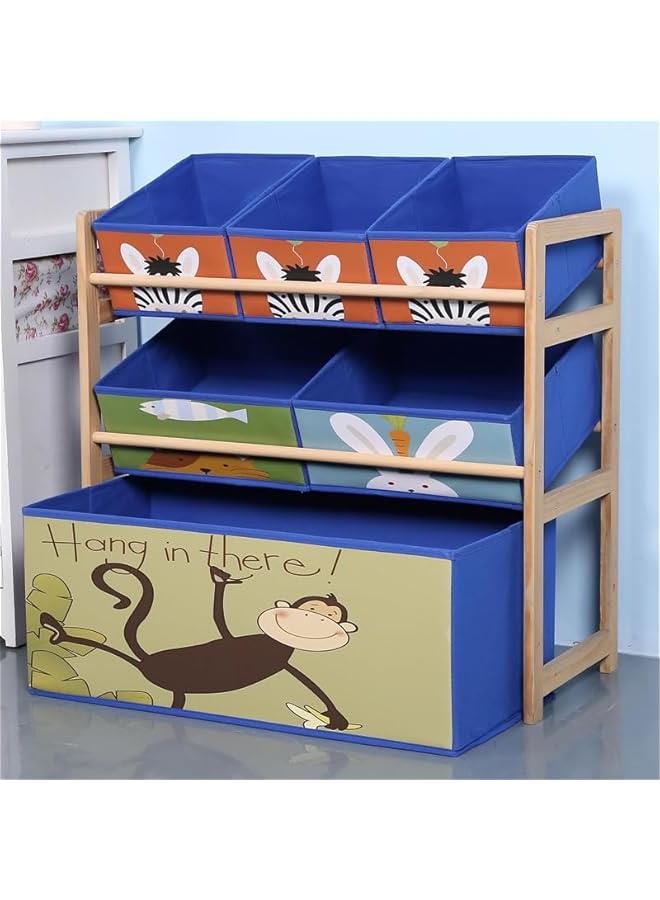 HOOKOR 3-Layer Solid Wood Toy Storage Cabinet with Bookshelf, for Kids' Playroom Essentials, with 6 Detachable Storage Bins Extra Large Capacity for Playroom, Nursery and Kids Room (Monkey) - Image 1