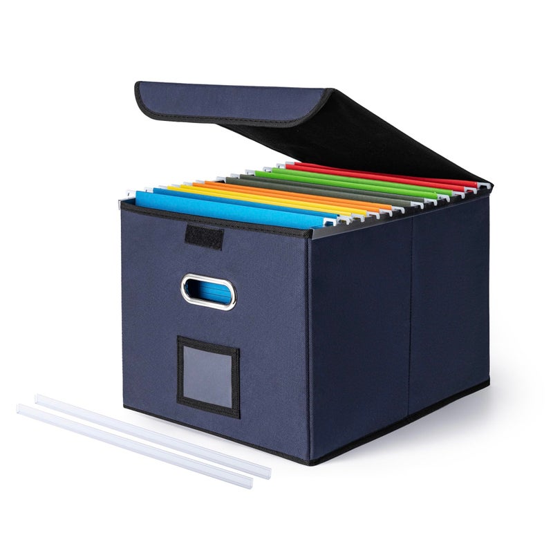CADONO File Organizer Box with Lid, Large Hanging File Folder Organizer with Plastic Slide, Collapsible Portable Filing Storage Boxes for Office/Decor/Home (Navy Blue, 14.9 x 12.59 x 10.8 inch) - Image 1