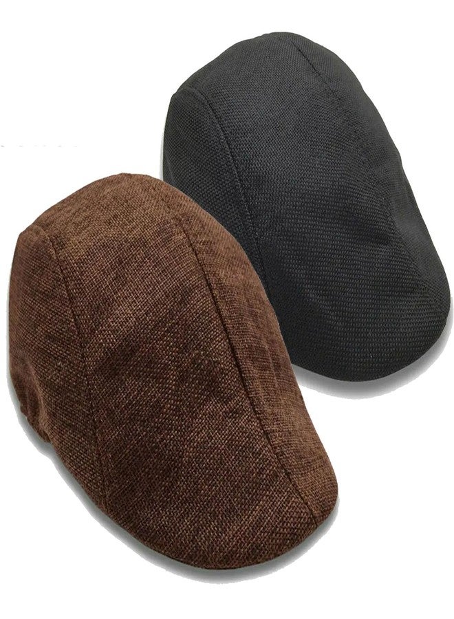 RR DESIGN British Classic Vintage Linen Plain Hard Newsboy Beret Caps Hat for Men- Pack of 2 Combo-(Black/Brown) - Image 1
