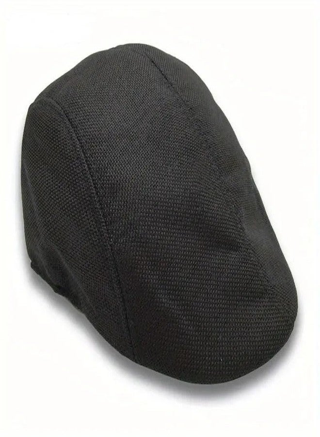RR DESIGN British Classic Vintage Linen Plain Hard Newsboy Beret Caps Hat for Men- Pack of 2 Combo-(Black/Brown) - Image 3