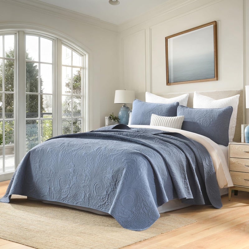 AJOCCI Cotton Queen Size Comforter Setï¼ŒSolid Quilt Set Retro Blue Beddingï¼ŒPaisley Bedspreadsï¼ŒSoft Cotton Quilt Solid Color Lightweight Bedspread All Seasons 3 Piece - Image 2
