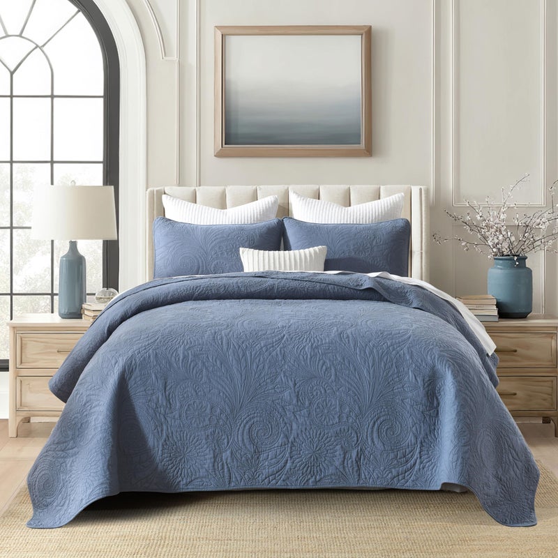 AJOCCI Cotton Queen Size Comforter Setï¼ŒSolid Quilt Set Retro Blue Beddingï¼ŒPaisley Bedspreadsï¼ŒSoft Cotton Quilt Solid Color Lightweight Bedspread All Seasons 3 Piece - Image 1