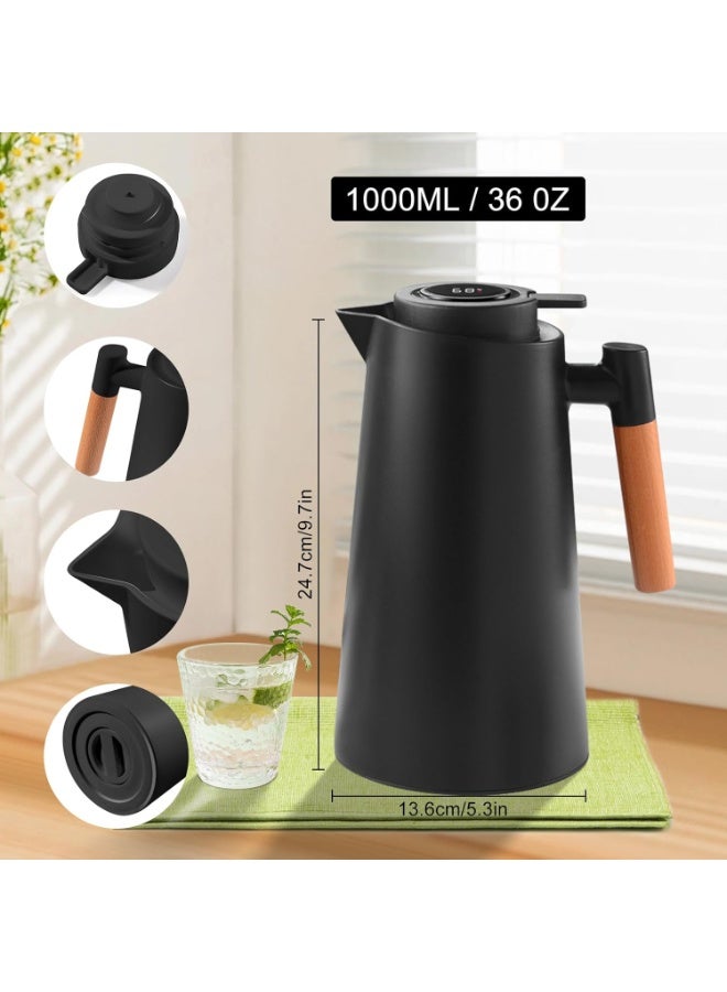 كيتشينو إبريق شاي حراري  بمقبض، إبريق قهوة، سعة 1 لتر، ترمس مزدوج الجدران مع شاشة عرض درجة حرارة LED، بطانة زجاجية، عزل حراري لمدة 24 ساعة للقهوة والشاي والماء ساخنًا أو باردًا - Image 2