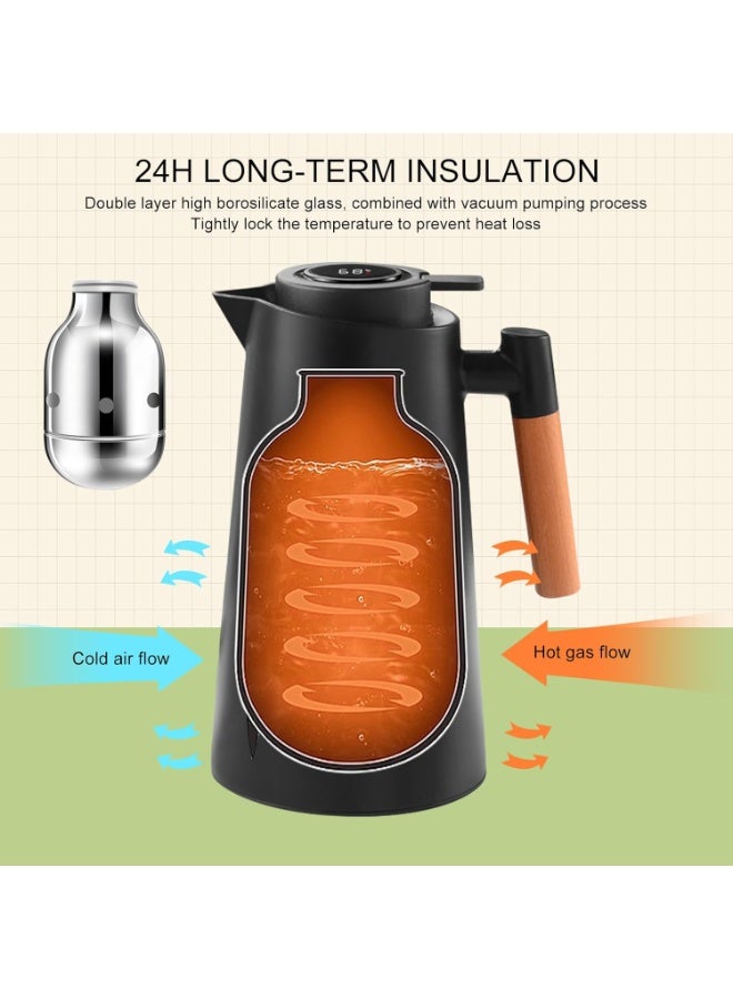 كيتشينو إبريق شاي حراري  بمقبض، إبريق قهوة، سعة 1 لتر، ترمس مزدوج الجدران مع شاشة عرض درجة حرارة LED، بطانة زجاجية، عزل حراري لمدة 24 ساعة للقهوة والشاي والماء ساخنًا أو باردًا - Image 4