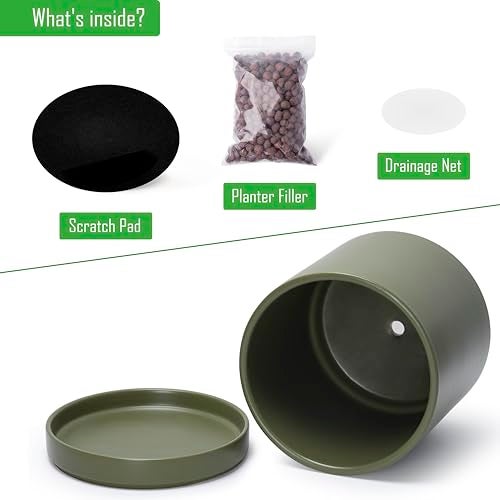 D'vine Dev 12 Inch Ceramic Planter Pot with Drainage Hole and Saucer, Indoor Cylinder Round Planter Pot, Olive, 94-O-F-J - Image 4