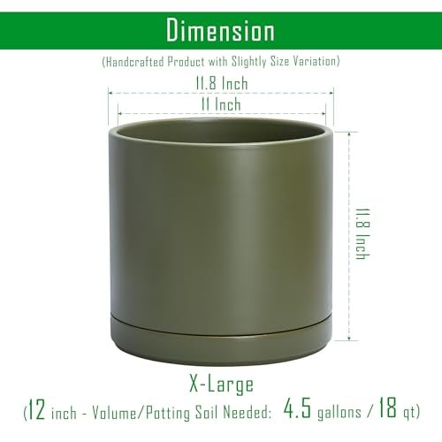 D'vine Dev 12 Inch Ceramic Planter Pot with Drainage Hole and Saucer, Indoor Cylinder Round Planter Pot, Olive, 94-O-F-J - Image 2