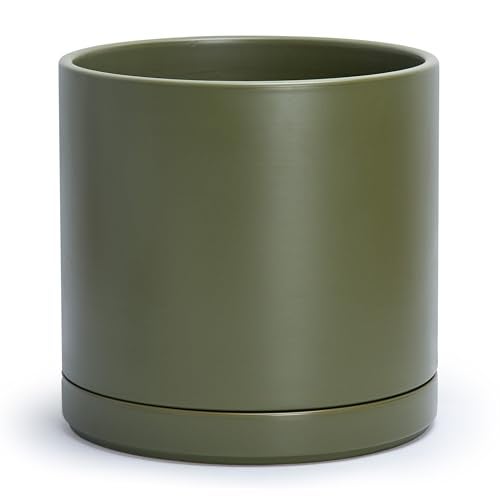 D'vine Dev 12 Inch Ceramic Planter Pot with Drainage Hole and Saucer, Indoor Cylinder Round Planter Pot, Olive, 94-O-F-J - Image 1