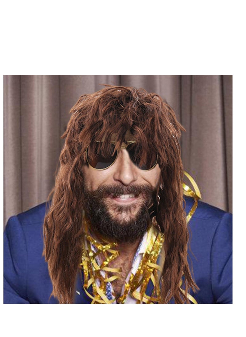 Generic - 80s Rocker Costume For Men, Hippie Wig Rocker Fancy Dress Accessories, 9 Pcs 70s 80s Hippie Wig With Bandana Sunglasses Gloves Sleeves Guitar Props, For Punk Party Accessories - Image 1