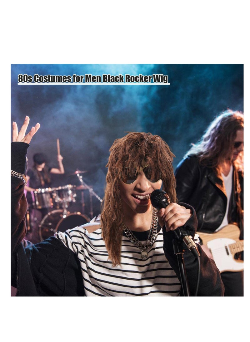Generic - 80s Rocker Costume For Men, Hippie Wig Rocker Fancy Dress Accessories, 9 Pcs 70s 80s Hippie Wig With Bandana Sunglasses Gloves Sleeves Guitar Props, For Punk Party Accessories - Image 1