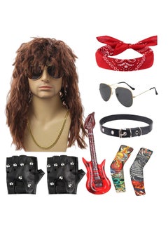 80s Rocker Costume For Men, Hippie Wig Rocker Fancy Dress Accessories, 9 Pcs 70s 80s Hippie Wig With Bandana Sunglasses Gloves Sleeves Guitar Props, For Punk Party Accessories