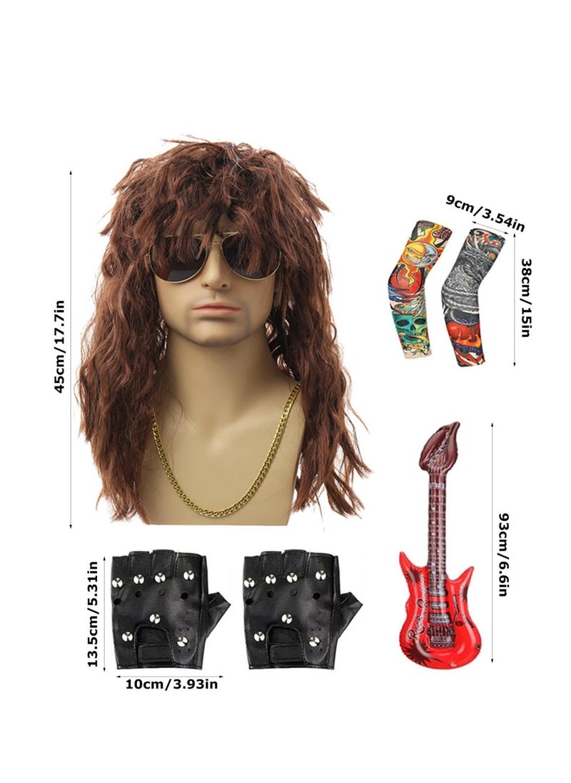 Generic - 80s Rocker Costume For Men, Hippie Wig Rocker Fancy Dress Accessories, 9 Pcs 70s 80s Hippie Wig With Bandana Sunglasses Gloves Sleeves Guitar Props, For Punk Party Accessories - Image 1