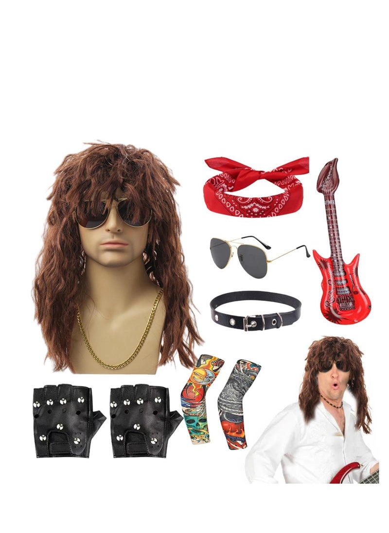 Generic - 80s Rocker Costume For Men, Hippie Wig Rocker Fancy Dress Accessories, 9 Pcs 70s 80s Hippie Wig With Bandana Sunglasses Gloves Sleeves Guitar Props, For Punk Party Accessories - Image 1