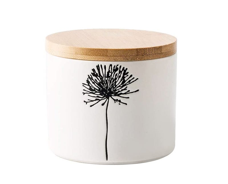 123Arts Ceramic Sugar Bowl Relief Dandelion Candy Dish Storage Pot with Seal Wooden Lid