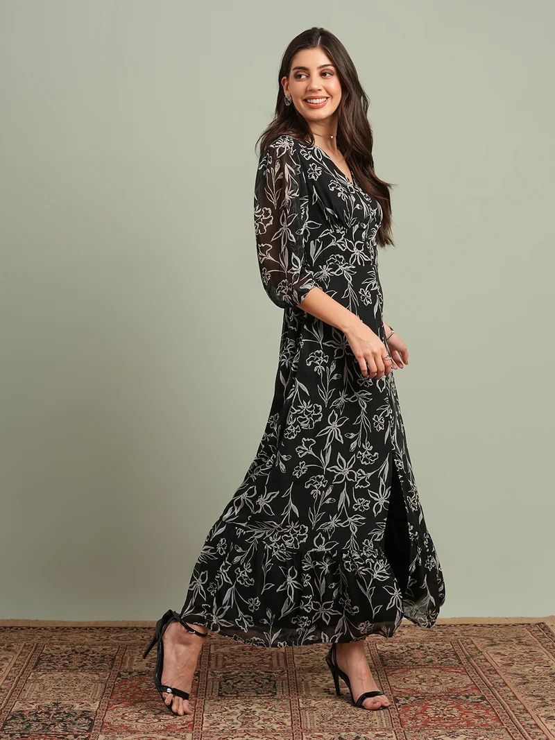 globus Globus Women Black V-Neck Puff Sleeves Floral Print Front Slit Smocked Fit & Flare Maxi Resort Dress