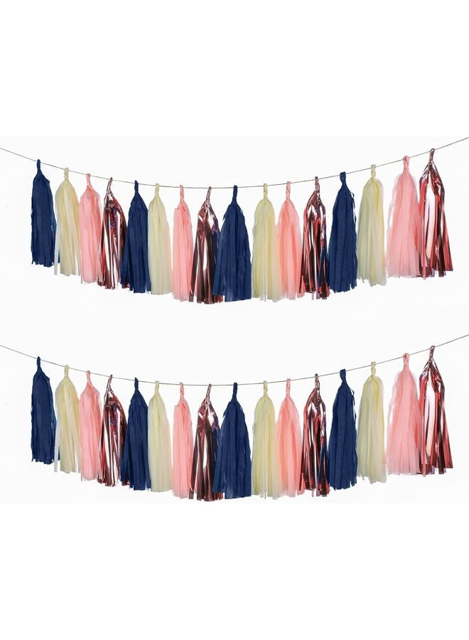 Autupy 20 PCS Navy Blue Rose Gold Tassels Garland Tissue Paper Tassels Banner DIY Kit for Baby Shower Navy Party Birthday Party Wedding Decorations - Image 1