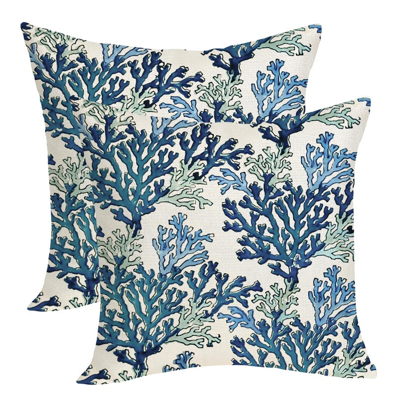 OFIRD Summer Coastal Pillow Covers 18x18 Pack of 2 Navy Blue Coral Throw Pillow Cover Coral Branch Ocean Themed Beach Decor Pillowcase Beachy Nautical Cushion Case for Sofa Couch Outdoor Decor - Image 1