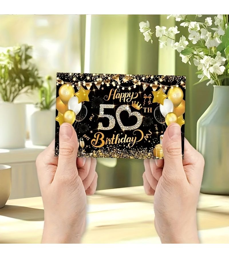 20 بطاقة دعوة أنيقة باللونين الأسود والذهبي بمناسبة عيد الميلاد الخمسين بتصميم بالونات وألعاب نارية، مقاس 4×6 بوصات، لتجمعات العائلة والأصدقاء والعشاء والاحتفالات - Image 2