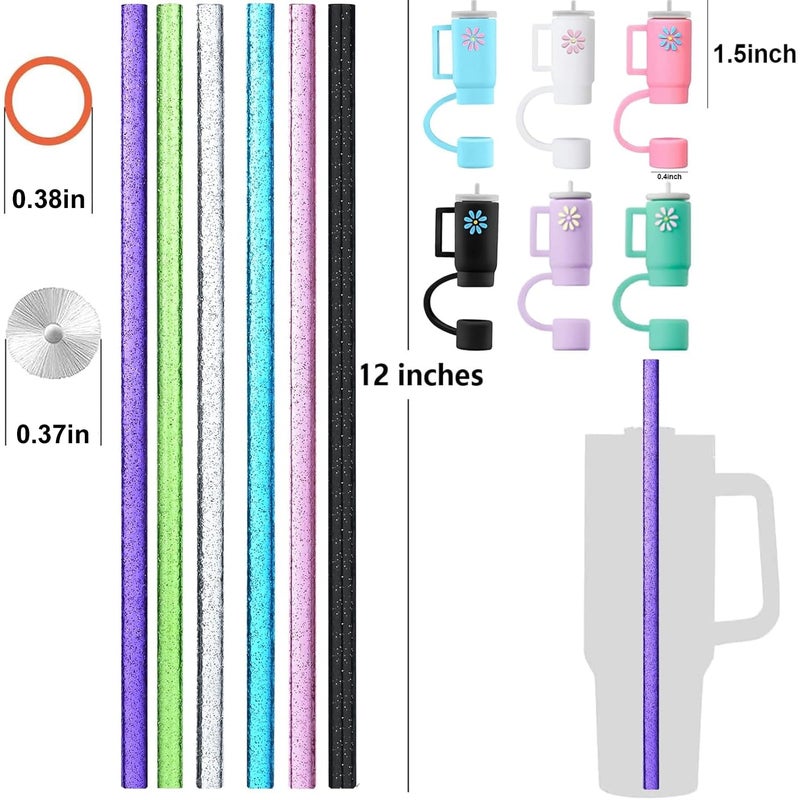 Haundry 12 Pack Replacement Glitter Straws and Covers for 40 oz Stanley Adventure Travel Tumbler Cup  Reusable Glitter Straws with Cleaning Brush  Compatible with 40oz 30oz 20oz 14oz Stanley Water Jug  12inch - Image 2